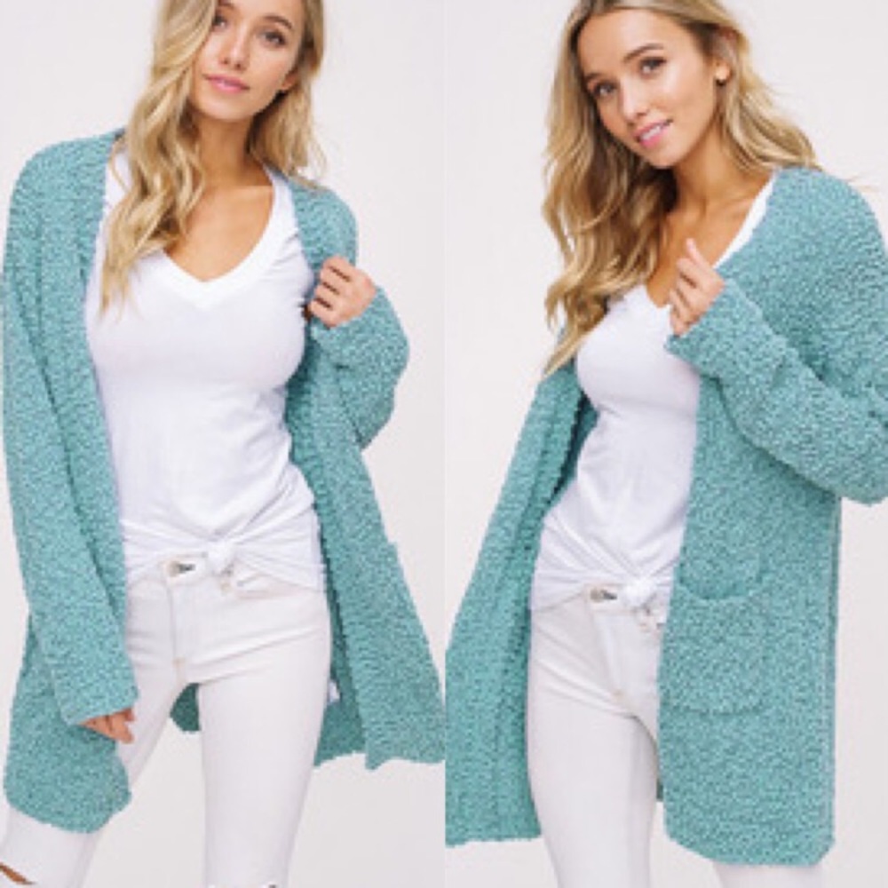Popcorn long cardigan - Blue/Sage